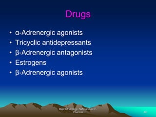 Drugs
• α-Adrenergic agonists
• Tricyclic antidepressants
• β-Adrenergic antagonists
• Estrogens
• β-Adrenergic agonists
Dept Of Urology, KMC and GRH,
Chennai 40
 