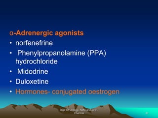 α-Adrenergic agonists
• norfenefrine
• Phenylpropanolamine (PPA)
hydrochloride
• Midodrine
• Duloxetine
• Hormones- conjugated oestrogen
Dept Of Urology, KMC and GRH,
Chennai 41
 