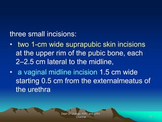 three small incisions:
• two 1-cm wide suprapubic skin incisions
at the upper rim of the pubic bone, each
2–2.5 cm lateral to the midline,
• a vaginal midline incision 1.5 cm wide
starting 0.5 cm from the externalmeatus of
the urethra
Dept Of Urology, KMC and GRH,
Chennai 70
 