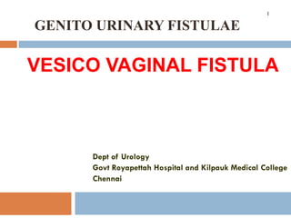 GENITO URINARY FISTULAE
VESICO VAGINAL FISTULA
Dept of Urology
Govt Royapettah Hospital and Kilpauk Medical College
Chennai
1
 