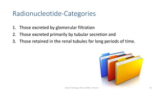 Radionucleotide-Categories
1. Those excreted by glomerular filtration
2. Those excreted primarily by tubular secretion and
3. Those retained in the renal tubules for long periods of time.
26
Dept of Urology, GRH and KMC, Chennai.
 