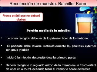 Recolección de muestra. Bachiller Karen Sangrona Frasco estéril que no deberá abrirse. Porción media de la micción: La orina recogida debe ser de la primera hora de la mañana.  El paciente debe lavarse meticulosamente los genitales externos con agua y jabón Iniciará la micción, despreciándose la primera parte. Deberá recogerse la segunda mitad de la misma en un frasco estéril de unos 20 o 35 ml. evitando tocar el interior o borde del frasco 