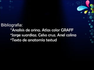 Bibliografia: * Analisis de orina. Atlas color GRAFF *Jorge suardiaz. Celso cruz. Anel colina *Texto de anatomía testud 