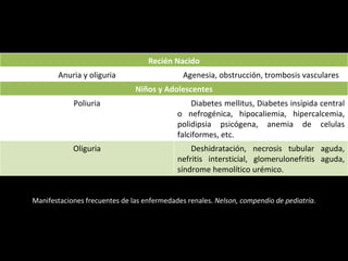 Manifestaciones frecuentes de las enfermedades renales.  Nelson, compendio de pediatría. Recién Nacido Anuria y oliguria Agenesia, obstrucción, trombosis vasculares Niños y Adolescentes Poliuria Diabetes mellitus, Diabetes insípida central o nefrogénica, hipocaliemia, hipercalcemia, polidipsia psicógena, anemia de celulas falciformes, etc. Oliguria Deshidratación, necrosis tubular aguda, nefritis intersticial, glomerulonefritis aguda, síndrome hemolítico urémico. 