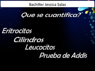 Que se cuantifica? Eritrocitos Cilindros Leucocitos Prueba de Addis Bachiller Jessica Salas 