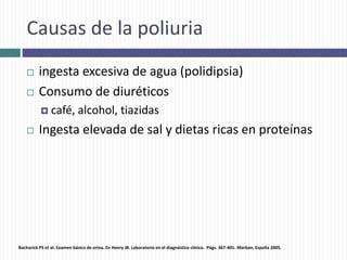 Causas de la poliuria
 ingesta excesiva de agua (polidipsia)
 Consumo de diuréticos
 café, alcohol, tiazidas
 Ingesta elevada de sal y dietas ricas en proteínas
Bachorick PS et al. Examen básico de orina. En Henry JB. Laboratorio en el diagnóstico clínico. Págs. 367-401. Marban. España 2005.
 