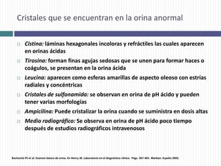 Cristales que se encuentran en la orina anormal
 Cistina: láminas hexagonales incoloras y refráctiles las cuales aparecen
en orinas ácidas
 Tirosina: forman finas agujas sedosas que se unen para formar haces o
coágulos, se presentan en la orina ácida
 Leucina: aparecen como esferas amarillas de aspecto oleoso con estrías
radiales y concéntricas
 Cristales de sulfonamida: se observan en orina de pH ácido y pueden
tener varias morfologías
 Ampicilina: Puede cristalizar la orina cuando se suministra en dosis altas
 Medio radiográfico: Se observa en orina de pH ácido poco tiempo
después de estudios radiográficos intravenosos
Bachorick PS et al. Examen básico de orina. En Henry JB. Laboratorio en el diagnóstico clínico. Págs. 367-401. Marban. España 2005.
 