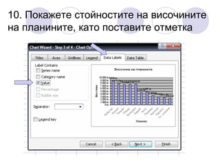 10. Покажете стойностите на височините
на планините, като поставите отметка

 
