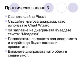 Практическа задача 3
 Свалете

файла Pie.xls.
 Създайте кръгова диаграма, като
използвате Chart Wizard.
 За заглавие на диаграмата въведете
текста: “Младежи”.
 Разположете легендата под диаграмата
и задайте да бъдат показани
процентите.
 Вмъкнете диаграмата като обект в
същия лист.

 