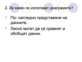 2. За какво се използват диаграмите?

По- нагледно представяне на
данните.
 Лесно могат да се сравнят и
обобщят данни.


 