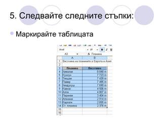 5. Следвайте следните стъпки:
 Маркирайте

таблицата

 