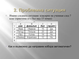 

Имаме следната ситуация- класирне на ученици след 7
клас (приетима се с бал над 15 точки):



Как е възможно да направим избора автоматичен?

 