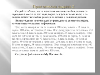 Създайте

таблица, която изчислява месечни семейни разходи за
период от 6 месеца за ток, вода, парно, телефон и заеми, както и да
показва моментните общи разходи по месеци и по видове разходи.
Въведете данни по всеки един от разходите за съответния месец,
като използвате следната информация:
През месец януари за ток са платени 120 лева, за вода - 12 лева, за
парно 200 лева, за телефон 35 лева. През февруари тези разходи са: 250
лева за ток, 54 лева за вода, 230 лева за парно, 38 лева за телефон. През
март са: 100 лева за ток, 63 лева за вода, 190 лева за парно, 37 лева за
телефон. През април са: 77 лева за ток, 18 лева за вода, 170 лева за
парно, 39 лева за телефон, а през май - 250 лева за ток, 54 лева за вода,
30 лева за парно, 38 лева за телефон. През месец юни разходите са: 100
лева за ток, 20 лева за вода, 190 лева за парно, 37 лева за телефон. Всеки
месец се плаща заем на стойност 360 лева.
Съхранете файла в папка My Documents.

 