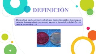 El urocultivo es el análisis microbiológico (bacteriológico) de la orina para
detectar la presencia de gérmenes y ayudar al diagnóstico de la infección
del tracto urinario (ITU).
 