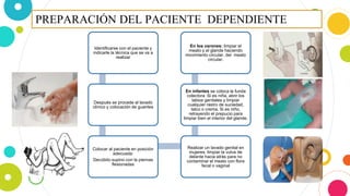 PREPARACIÓN DEL PACIENTE DEPENDIENTE
Identificarse con el paciente y
indicarle la técnica que se va a
realizar
Después se procede al lavado
clínico y colocación de guantes
Colocar al paciente en posición
adecuada:
Decúbito supino con la piernas
flexionadas
Realizar un lavado genital en
mujeres: limpiar la vulva de
delante hacia atrás para no
contaminar el meato con flora
fecal o vaginal
En infantes se coloca la funda
colectora :Si es niña, abrir los
labios genitales y limpiar
cualquier rastro de suciedad,
talco o crema. Si es niño,
retrayendo el prepucio para
limpiar bien el interior del glande.
En los varones: limpiar el
meato y el glande haciendo
movimiento circular, del meato
circular.
 
