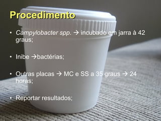 Procedimento   Campylobacter spp .    incubado em jarra à 42 graus; Inibe   bactérias; Outras placas    MC e SS a 35 graus    24 horas; Reportar resultados; 