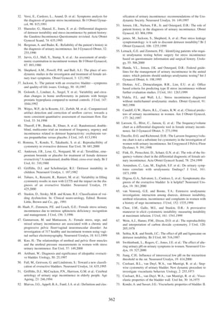 32. Versi, E., Cardozo, L., Anand, D. et al.: Symptoms analysis for
the diagnosis of genuine stress incontinence. Br J Obstet Gynaecol, 98: 815,1991
33. Haeusler, G., Hanzal, E., Joura, E. et al.: Differential diagnosis
of detrusor instability and stress-incontinence by patient history:
the Gaudenz-Incontinence-Questionnaire revisited. Acta Obstet
Gynecol Scand, 74: 635,1995
34. Bergman, A. and Bader, K.: Reliability of the patientÕs history in
the diagnosis of urinary incontinence. Int J Gynaecol Obstet, 32:
255,1990
35. Jarvis, G.J., Hall, S., Stamp, S. et al.: An assessment of urodynamic examination in incontinent women. Br J Obstet Gynaecol,
87: 893,1980

sification of urinary incontinence: recommendations of the Urodynamic Society. Neurourol Urodyn, 16: 149,1997
53. Jensen, J.K., Nielsen, F.R., Jr. and Ostergard, D.R.: The role of
patient history in the diagnosis of urinary incontinence. Obstet
Gynecol, 83: 904,1994
54. james, M., Jackson, S., Shepherd, A. et al.: Pure stress leakage
symptomatology: is it safe to discount detrusor instability? Br J
Obstet Gynaecol, 106: 1255,1999
55. Lemack, G.E. and Zimmern, P.E.: Identifying patients who require urodynamic testing before surgery for stress incontinence
based on questionnaire information and surgical history. Urology, 55: 506,2000
56. Handa, V.L., Jensen, J.K. and Ostergard, D.R.: Federal guidelines for the management of urinary incontinence in the united
states: which patients should undergo urodynamic testing? Int J
Gynaecol Obstet, 6: 198,1995

36. Shepherd, A.M., Powell, P.H. and Ball, A.J.: The place of urodynamic studies in the investigaton and treatment of female urinary tract symptoms. Obstet Gynecol, 3: 123,1982
37. Jackson, S.: The patient with an overactive bladderÑsymptoms
and quality-of-life issues. Urology, 50: 18,1997

57. Diokno, A.C., Dimaculangan, R.R., Lim, E.U. et al.: Office
based criteria for predicting type II stress incontinence without
further evaluation studies. J Urol, 161: 1263,1999

38. Golomb, J., Lindner, A., Siegel, Y. et al.: Variability and circadian changes in home uroflowmetry in patients with benign
prostatic hyperplasia compared to normal controls. J Urol, 147:
1044,1992

58. Videla, F.L. and Wall, L.L.: Stress incontinence diagnosed
without multichannel urodynamic studies. Obstet Gynecol, 91:
965,1998

39. Witjes, W.P., de la Rosette, J.J., Zerbib, M. et al.: Computerized
artifact detection and correction of uroflow curves: towards a
more consistent quantitative assessment of maximum flow. Eur
Urol, 33: 54,1998

59. Cundiff, G.W., Harris, R.L., Coates, K.W. et al.: Clinical predictors of urinary incontinence in women. Am J Obstet Gynecol,
177: 262,1997
60. Larsson, G., Blixt, C., Janson, G. et al.: The frequency/volume
chart as a differential diagnostic tool in female urinary incontinence. Int J Gynaecol Obstet, 5: 273,1994

40. Thuroff, J.W., Bunke, B., Ebner, A. et al.: Randomized, doubleblind, multicenter trial on treatment of frequency, urgency and
incontinence related to detrusor hyperactivity: oxybutynin versus propantheline versus placebo. J Urol, 145: 813,1991

61. Tincello, D.G. and Richmond, D.H.: The Larsson frequency/volume chart is not a substitute for cystometry in the investigation of
women with urinary incontinence. Int Urogynecol J Pelvic Floor
Dysfunct, 9: 391,1998

41. Homma, Y., Kondo, Y., Takahashi, S. et al.: Reproducibility of
cystometry in overactive detrusor. Eur Urol, 38: 681,2000
42. Andersen, J.R., Lose, G., Norgaard, M. et al.: Terodiline, emepronium bromide or placebo for treatment of female detrusor
overactivity? A randomised, double-blind, cross-over study. Br J
Urol, 61: 310,1988

62. Fink, D., Perucchini, D., Schaer, G.N. et al.: The role of the frequency-volume chart in the differential diagnostic of female urinary incontinence. Acta Obstet Gynecol Scand, 78: 254,1999

43. Griffiths, D.J. and Scholtmeijer, R.J.: Detrusor instability in
children. Neurourol Urodyn, 1: 187,1982

63. Amundsen, C., Lau, M., English, S.F. et al.: Do urinary symptoms correlate with urodynamic findings? J Urol, 161:
1871,1999

44. Tubaro, A., Renzetti, R., Ranieri, M. et al.: Variability in filling
cystometry results in men with LUTS and the impact on the diagnosis of an overactive bladder. Neurourol Urodyn, 19:
425,2000

64. Digesu, G.A., Salvatore, L., Cardozo, L. et al.: Symptomatic diagnosis of the overactive bladder: Is it helpful? Neurourol Urodyn, 19: 381,2000

45. Staskin, D., Siroky, M.B. and Krane, R.J.: Classification of voiding dysfunction. In: Clinical neuro-urology, Edited. Boston:
Little, Brown and Co., pp., 1991

65. van Venrooij, G.E. and Boone, T.A.: Extensive urodynamic
investigation: interaction among diuresis, detrusor instability,
urethral relaxation, incontinence and complaints in women with
a history of urge incontinence. J Urol, 152: 1535,1994

46. Haab, F., Zimmern, P.E. and Leach, G.E.: Female stress urinary
incontinence due to intrinsic sphincteric deficiency: recognition
and management. J Urol, 156: 3,1996

66. Choe, J.M., Gallo, M.L. and Staskin, D.R.: A provocative
maneuver to elicit cystometric instability: measuring instability
at maximum infusion. J Urol, 161: 1541,1999

47. Gunnarsson, M. and Mattiasson, A.: Female stress, urge, and
mixed urinary incontinence are associated with a chronic and
progressive pelvic floor/vaginal neuromuscular disorder: An
investigation of 317 healthy and incontinent women using vaginal surface electromyography. Neurourol Urodyn, 18: 613,1999

67. Wein, A.J., Hanno, P.M., Dixon, D.O. et al.: The reproducibility
and interpretation of carbon dioxide cystometry. J Urol, 120:
205,1978
68. Sethia, K.K. and Smith, J.C.: The effect of pH and lignocaine on
detrusor instability. Br J Urol, 60: 516,1987

48. Kuo, H.: The relationships of urethral and pelvic floor muscles
and the urethral pressure measurements in women with stress
urinary incontinence. Eur Urol, 37: 149,2000

69. Swithinbank, L., Rogers, C., Jones, J.E. et al.: The effect of altering urinary pH on urinary symptoms in women. Neurourol Urodyn, 19: 527,2000

49. Artibani, W.: Diagnosis and significance of idiopathic overactive bladder. Urology, 50: 25,1997

70. Jiang, C.H.: Influence of intravesical low pH on the micturition
threshold in the rat. Neurourol Urodyn, 19: 414,2000
71. Coolsaet, B.L., van Duyl, W.A., van Mastrigt, R. et al.: Stepwise cystometry of urinary bladder. New dynamic procedure to
investigate viscoelastic behavior. Urology, 2: 255,1973
72. Coolsaet, B.L., van Duyl, W.A., van Mastrigt, R. et al.: Viscoelastic properties of the bladder wall. Urol Int, 30: 16,1975
73. Kondo, A. and Susset, J.G.: Viscoelastic properties of bladder. II.

50. Fall, M., Geirsson, G. and Lindstrom, S.: Toward a new classification of overactive bladders. Neurourol Urodyn, 14: 635,1995
51. Griffiths, D.J., McCracken, P.N., Harrison, G.M. et al.: Cerebral
aetiology of urinary urge incontinence in elderly people. Age
Ageing, 23: 246,1994
52. Blaivas, J.G., Appell, R.A., Fantl, J.A. et al.: Definition and clas-

362

 