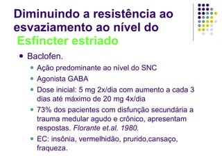 Diminuindo a resistência ao esvaziamento ao nível do   Esfíncter estriado Baclofen. Ação predominante ao nível do SNC Agonista GABA Dose inicial: 5 mg 2x/dia com aumento a cada 3 dias até máximo de 20 mg 4x/dia 73% dos pacientes com disfunção secundária a trauma medular agudo e crônico, apresentam respostas.  Florante et.al. 1980. EC: insônia, vermelhidão, prurido,cansaço, fraqueza. 