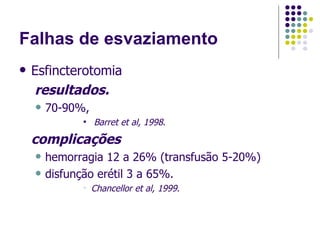 Falhas de esvaziamento Esfincterotomia resultados. 70-90%, Barret et al, 1998 . complicações hemorragia 12 a 26% (transfusão 5-20%) disfunção erétil 3 a 65%. Chancellor et al, 1999 .  