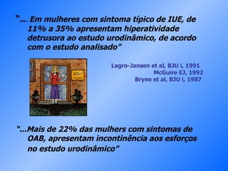 “ .. .  Em mulheres com sintoma típico de IUE, de 11% a 35% apresentam hiperatividade detrusora ao estudo urodinâmico, de acordo com o estudo analisado”   Lagro-Jansen et al, BJU i, 1991  McGuire EJ, 1992 Bryne et al, BJU i, 1987  “ ...Mais de 22% das mulhers com sintomas de OAB, apresentam incontinência aos esforços no estudo urodinâmico”   Jarvis et al, Br J Obstet Gynecol, 1980   