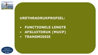 Urodynamica
Urologie Symposium
30-9-2022
URETHRADRUKPROFIEL:
• FUNCTIONELE LENGTE
• AFSLUITDRUK (MUCP)
• TRANSMISSIE
 