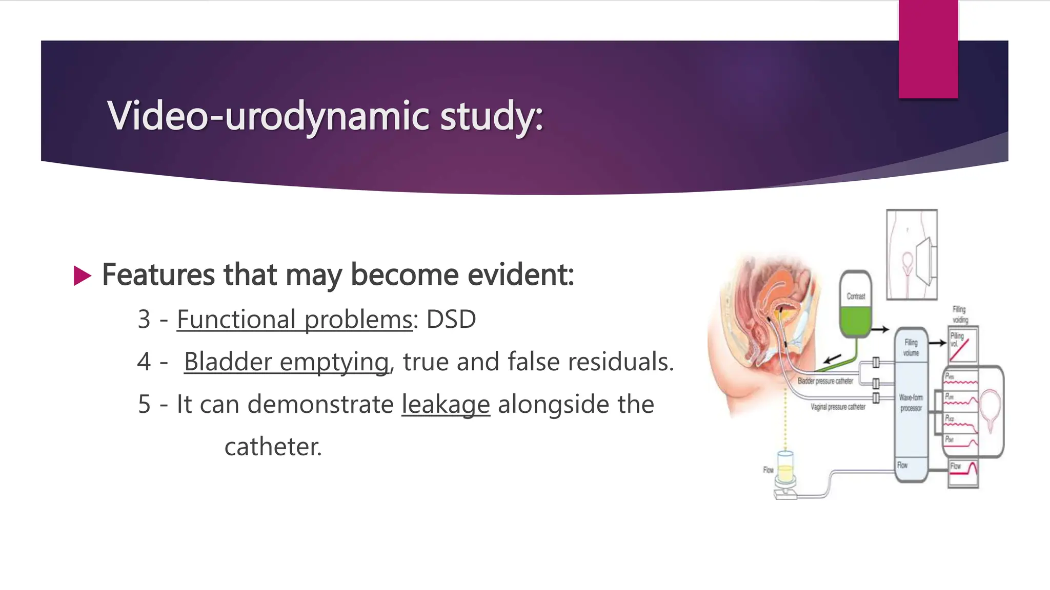 Video-urodynamic study:
 Features that may become evident:
3 - Functional problems: DSD
4 - Bladder emptying, true and false residuals.
5 - It can demonstrate leakage alongside the
catheter.
 