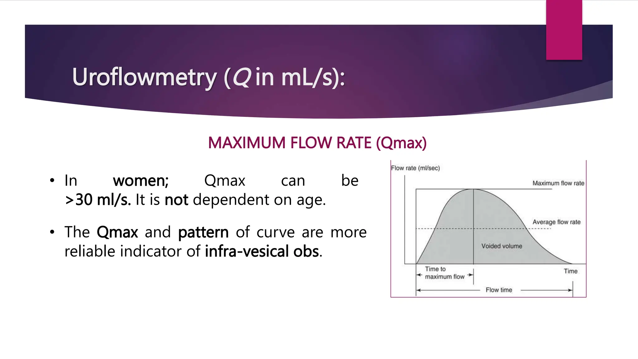 Uroflowmetry (Q in mL/s):
MAXIMUM FLOW RATE (Qmax)
• The Qmax and pattern of curve are more
reliable indicator of infra-vesical obs.
• In women; Qmax can be
>30 ml/s. It is not dependent on age.
 
