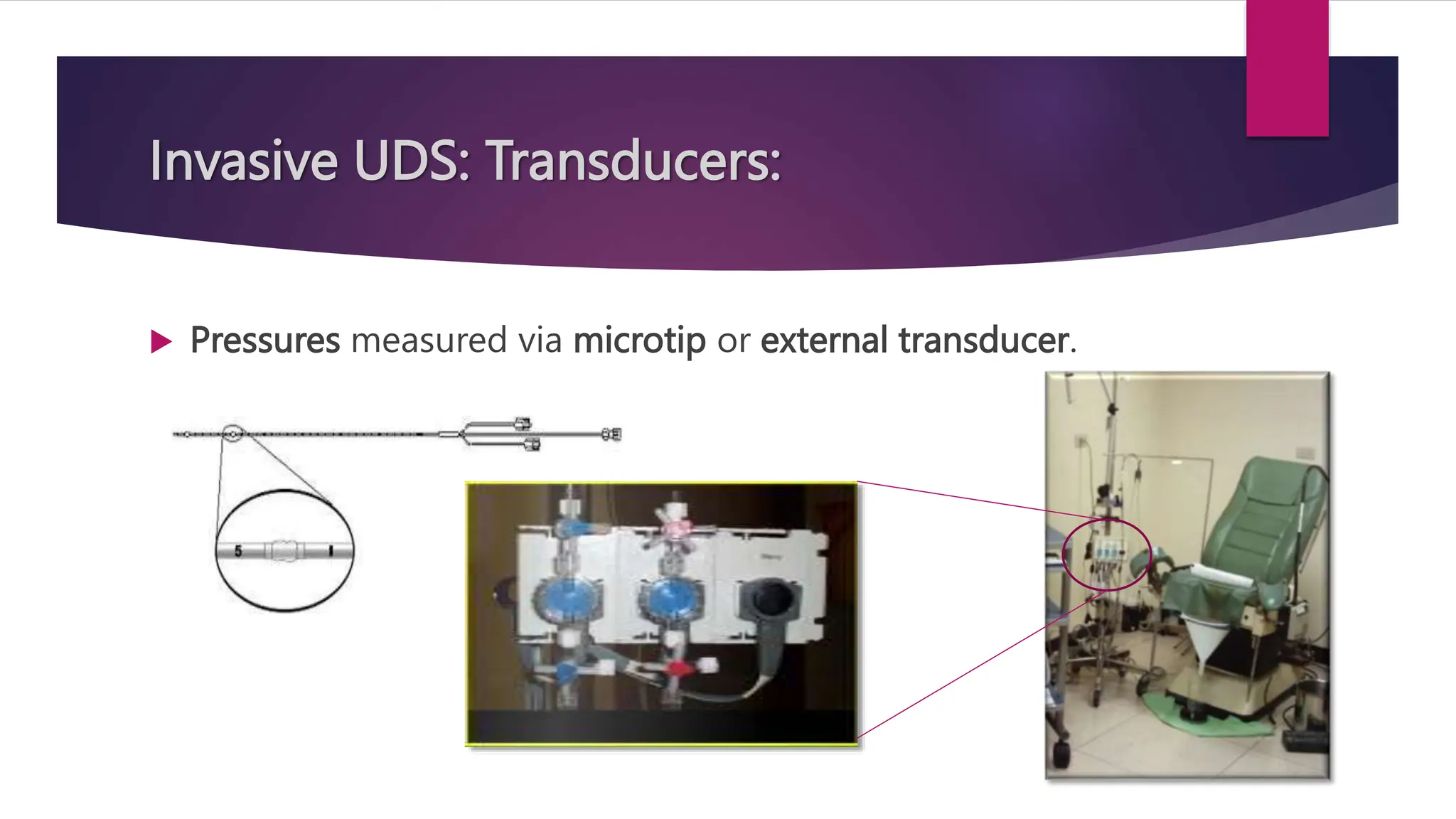 Invasive UDS: Transducers:
 Pressures measured via microtip or external transducer.
 