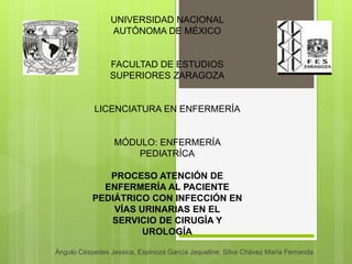UNIVERSIDAD NACIONAL
AUTÓNOMA DE MÉXICO
FACULTAD DE ESTUDIOS
SUPERIORES ZARAGOZA
LICENCIATURA EN ENFERMERÍA
MÓDULO: ENFERMERÍA
PEDIATRÍCA
PROCESO ATENCIÓN DE
ENFERMERÍA AL PACIENTE
PEDIÁTRICO CON INFECCIÓN EN
VÍAS URINARIAS EN EL
SERVICIO DE CIRUGÍA Y
UROLOGÍA
Ángulo Céspedes Jessica, Espinoza García Jaqueline, Silva Chávez María Fernanda
 