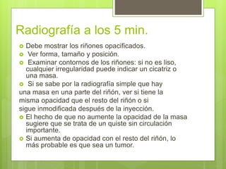 Radiografía a los 5 min.
 Debe mostrar los riñones opacificados.
 Ver forma, tamaño y posición.
 Examinar contornos de los riñones: si no es liso,
cualquier irregularidad puede indicar un cicatriz o
una masa.
 Si se sabe por la radiografía simple que hay
una masa en una parte del riñón, ver si tiene la
misma opacidad que el resto del riñón o si
sigue inmodificada después de la inyección.
 El hecho de que no aumente la opacidad de la masa
sugiere que se trata de un quiste sin circulación
importante.
 Si aumenta de opacidad con el resto del riñón, lo
más probable es que sea un tumor.
 