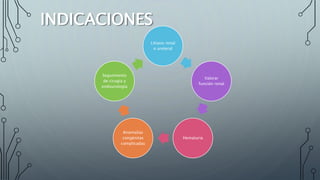 INDICACIONES
Litiasis renal
o ureteral
Valorar
función renal
Hematuria
Anomalías
congénitas
complicadas
Seguimiento
de cirugía y
endourología
 