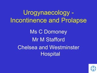 Urogynaecology -
Incontinence and Prolapse
Ms C Domoney
Mr M Stafford
Chelsea and Westminster
Hospital
 