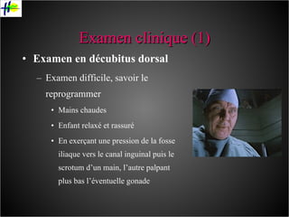 Examen clinique (1) Examen en décubitus dorsal Examen difficile, savoir le reprogrammer Mains chaudes Enfant relaxé et rassuré En exerçant une pression de la fosse iliaque vers le canal inguinal puis le scrotum d’un main, l’autre palpant plus bas l’éventuelle gonade  