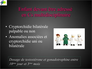 Enfant devant être adressé  en Cs multidisciplinaire Cryptorchidie bilatérale palpable ou non Anomalies associées et cryptorchidie uni ou bilatérale  Dosage de testostérone et gonadotrophine entre 10 ème  jour et 3 ème  mois 