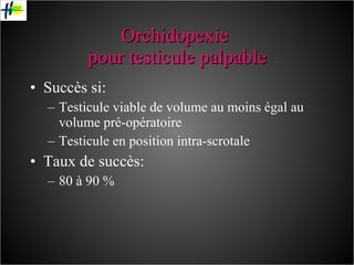Orchidopexie  pour testicule palpable Succès si: Testicule viable de volume au moins égal au volume pré-opératoire Testicule en position intra-scrotale Taux de succès: 80 à 90 % 