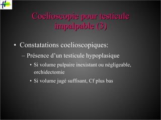 Coelioscopie pour testicule impalpable (3) Constatations coelioscopiques: Présence d’un testicule hypoplasique Si volume pulpaire inexistant ou négligeable, orchidectomie Si volume jugé suffisant, Cf plus bas 