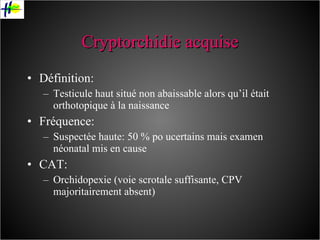 Cryptorchidie acquise Définition: Testicule haut situé non abaissable alors qu’il était orthotopique à la naissance Fréquence: Suspectée haute: 50 % po ucertains mais examen néonatal mis en cause CAT: Orchidopexie (voie scrotale suffisante, CPV majoritairement absent) 