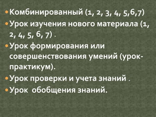 Комбинированный (1, 2, 3, 4, 5,6,7)
Урок изучения нового материала (1,
2, 4, 5, 6, 7) .
Урок формирования или
совершенствования умений (урок-
практикум).
Урок проверки и учета знаний .
Урок обобщения знаний.
 