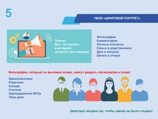 ТВОЙ «ЦИФРОВОЙ ПОРТРЕТ»
5
Фотографии
Комментарии
Личные контакты
Семья и родственники
Дом и покупки
Школа и отпуск
Помни!
Все, что попало
в интернет,
остается там навсегда
Одноклассники
Родители
Соседи
Учителя
Преподаватели ВУЗа
Твои дети
Фотографии, которые ты выложил вчера, смогут увидеть послезавтра и позже:
Действуй сегодня так, чтобы завтра не было стыдно!
 
