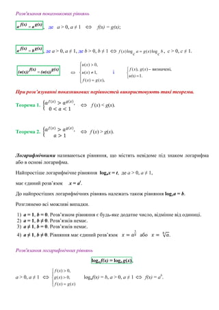 Розв′язання показникових рівнянь
g(x)
a
f(x)
a = , де а > 0, а ≠ 1 ⇔ f(x) = g(x);
g(x)
b
f(x)
a = , де а > 0, а ≠ 1, де b > 0, b ≠ 1 ⇔ b
c
xga
c
xf log)(log)( = , с > 0, с ≠ 1.
g(x)
(u(x))
f(x)
(u(x)) =





=
≠
>
⇔
),()(
,1)(
,0)(
xgxf
xu
xu
і



=
−
1.
,визначені)(),(
u(x)
xgxf
При розв’язуванні показникових нерівностей використовують такі теореми.
Теорема 1. ൜ܽ௙(௫)
> ܽ௚ሺ௫ሻ
,
0 < ܽ < 1
⇔ f (x) < g(x).
Теорема 2. ൜ܽ௙(௫)
> ܽ௚ሺ௫ሻ
,
ܽ > 1
⇔ f (x) > g(x).
Логарифмічними називаються рівняння, що містять невідоме під знаком логарифма
або в основі логарифма.
Найпростіше логарифмічне рівняння logax = t, де a > 0, a ≠ 1,
має єдиний розв’язок x = at
.
До найпростіших логарифмічних рівнянь належать також рівняння logxa = b.
Розглянемо всі можливі випадки.
1) a = 1, b = 0. Розв’язком рівняння є будь-яке додатне число, відмінне від одиниці.
2) a = 1, b ≠ 0. Розв’язків немає.
3) a ≠ 1, b = 0. Розв’язків немає.
4) a ≠ 1, b ≠ 0. Рівняння має єдиний розв’язок ‫ݔ‬ = ܽ
భ
್		 або ‫ݔ‬ =	 √ܽ
್
.
Розв′язання логарифмічних рівнянь
loga f(x) = loga g(x),
a > 0, a ≠ 1 ⇔





=
>
>
)()(
,0)(
,0)(
xgxf
xg
xf
logaf(x) = b, a > 0, a ≠ 1 ⇔ f(x) = ab
.
 