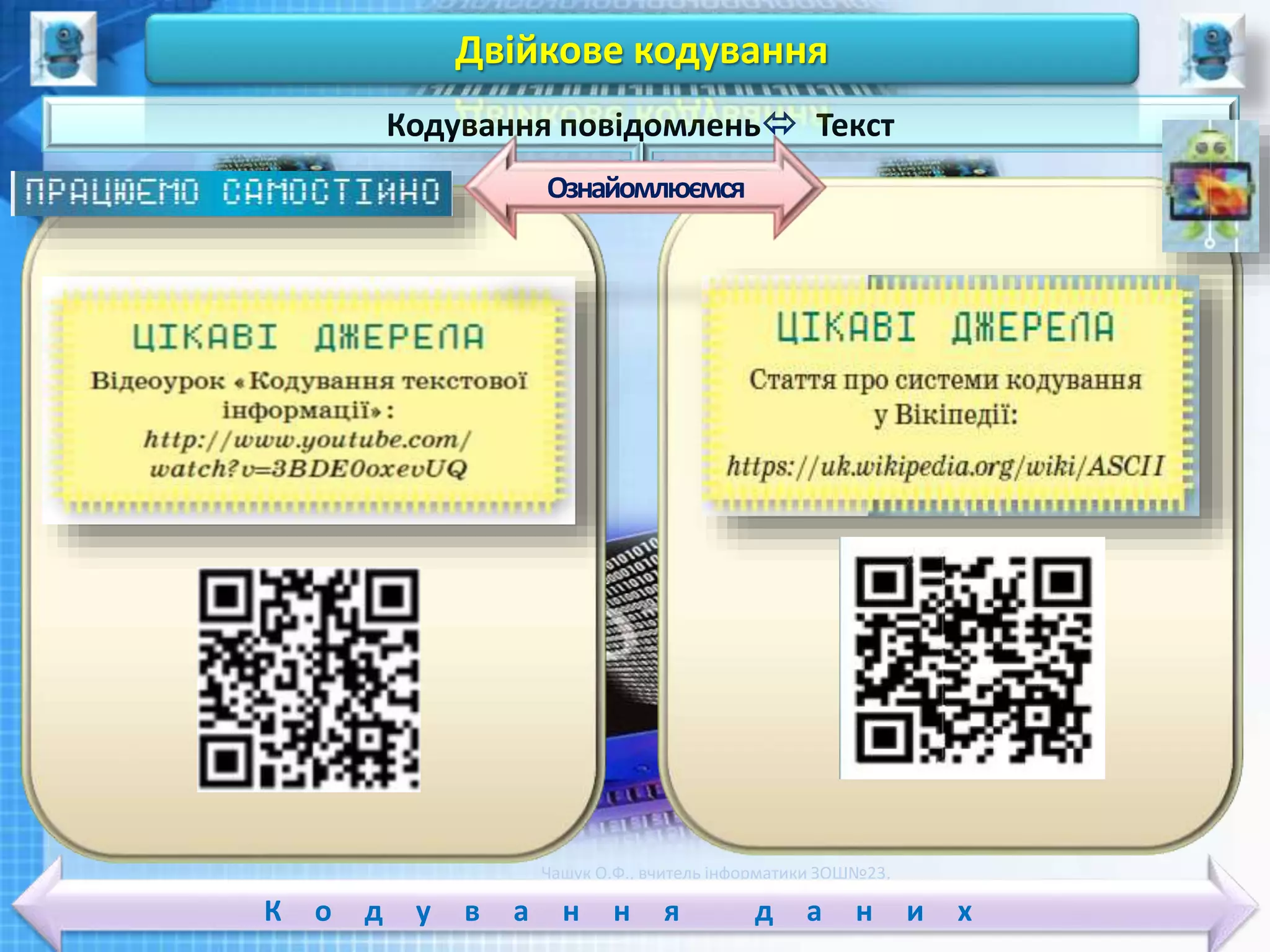 Чашук О.Ф., вчитель інформатики ЗОШ№23,
Луцьк
Чашук О.Ф., вчитель інформатики ЗОШ№23,
Луцьк
К о д у в а н н я д а н и х
Кодування повідомлень Текст
Двійкове кодування
Ознайомлюємся
 