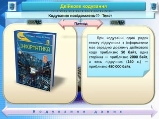 Чашук О.Ф., вчитель інформатики ЗОШ№23,
Луцьк
Чашук О.Ф., вчитель інформатики ЗОШ№23,
ЛуцькК о д у в а н н я д а н и х
Приклад
Кодування повідомлень Текст
Двійкове кодування
При кодуванні один рядок
тексту підручника з інформатики
має середню довжину двійкового
коду приблизно 50 байт, одна
сторінка — приблизно 2000 байт,
а весь підручник (240 с.) —
приблизно 480 000 байт.
 