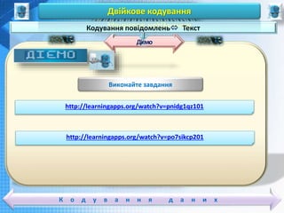 Чашук О.Ф., вчитель інформатики ЗОШ№23,
Луцьк
Чашук О.Ф., вчитель інформатики ЗОШ№23,
ЛуцькК о д у в а н н я д а н и х
Діємо
Кодування повідомлень Текст
Двійкове кодування
http://learningapps.org/watch?v=pnidg1qz101
Виконайте завдання
http://learningapps.org/watch?v=po7sikcp201
 