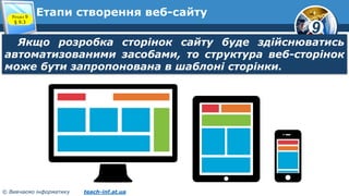9
© Вивчаємо інформатику teach-inf.at.ua
Етапи створення веб-сайтуРозділ 9
§ 9.3
Якщо розробка сторінок сайту буде здійснюватись
автоматизованими засобами, то структура веб-сторінок
може бути запропонована в шаблоні сторінки.
 