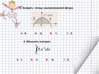 3. Знайдіть площу заштрихованной фігури.
А. 1. Б. -1. В. -5. Г. 5.
4. Обчисліть інтеграл:
∫−
0
1
4
5 dxх
А. 0. Б. -2. В. 1. Г. 2.
 