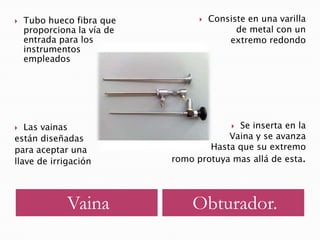 VainaObturador.Consiste en una varilla de metal con un extremo redondoSe inserta en la Vaina y se avanza Hasta que su extremo romo protuya mas allá de esta.Tubo hueco fibra que proporciona la vía de entrada para los instrumentos        empleadosLas vainas están diseñadas para aceptar una llave de irrigación