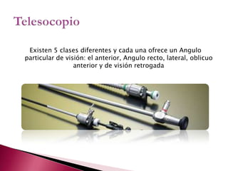 Existen 5 clases diferentes y cada una ofrece un Angulo particular de visión: el anterior, Angulo recto, lateral, oblicuo anterior y de visión retrogadaTelesocopio