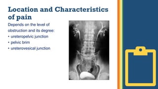 Location and Characteristics
of pain
Depends on the level of
obstruction and its degree:
• ureteropelvic junction
• pelvic brim
• ureterovesical junction
 