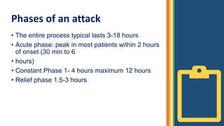 Phases of an attack
• The entire process typical lasts 3-18 hours
• Acute phase: peak in most patients within 2 hours
of onset (30 min to 6
• hours)
• Constant Phase 1- 4 hours maximum 12 hours
• Relief phase 1.5-3 hours
 