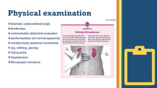 Physical examination
Dramatic costovertebral angle
tenderness
unremarkable abdominal evaluation
painful testicles but normal-appearing
constant body positional movements
(eg, writhing, pacing)
Tachycardia
Hypertension
Microscopic hematuria
 
